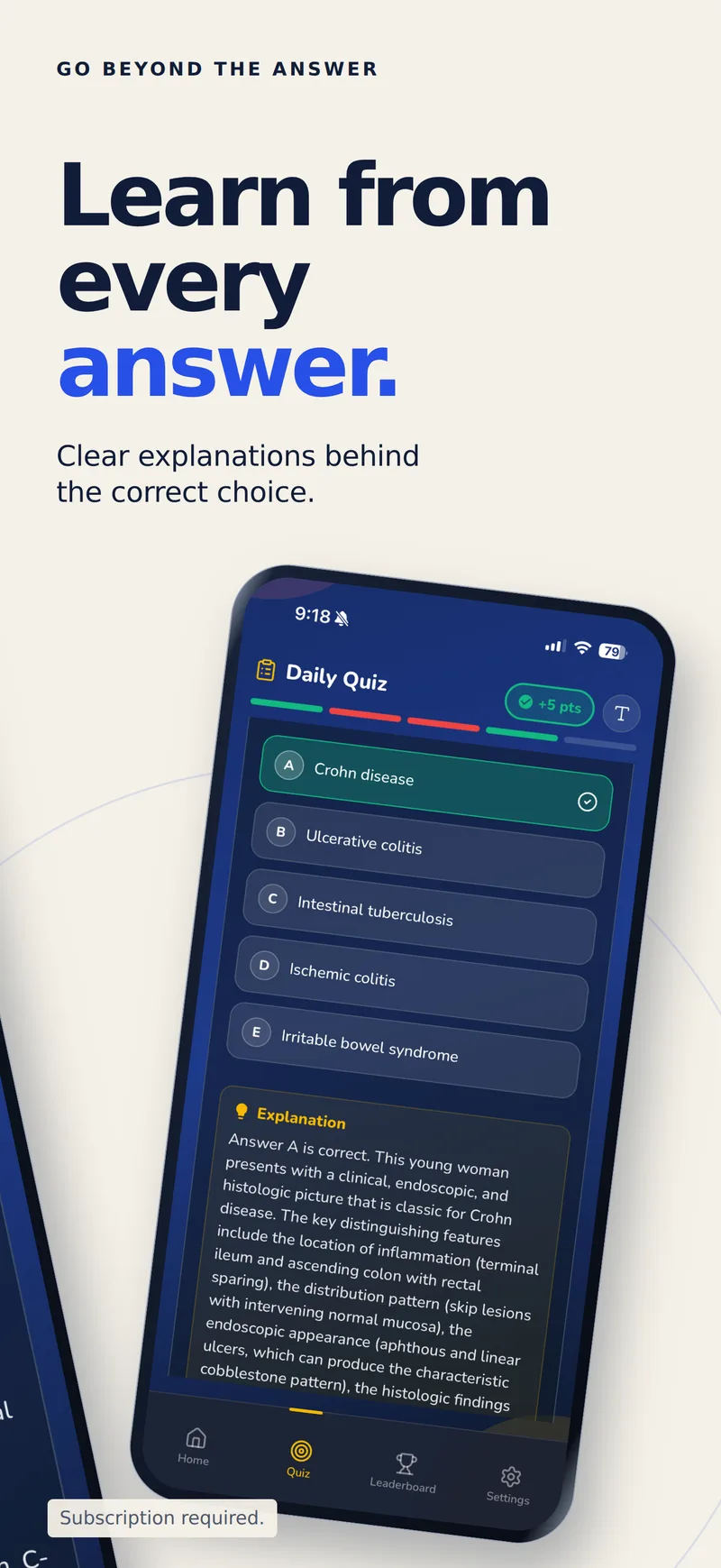 Learn from every answer. Scrub Battle: CK answer screen showing Crohn disease as correct, +5 points, and a detailed explanation.