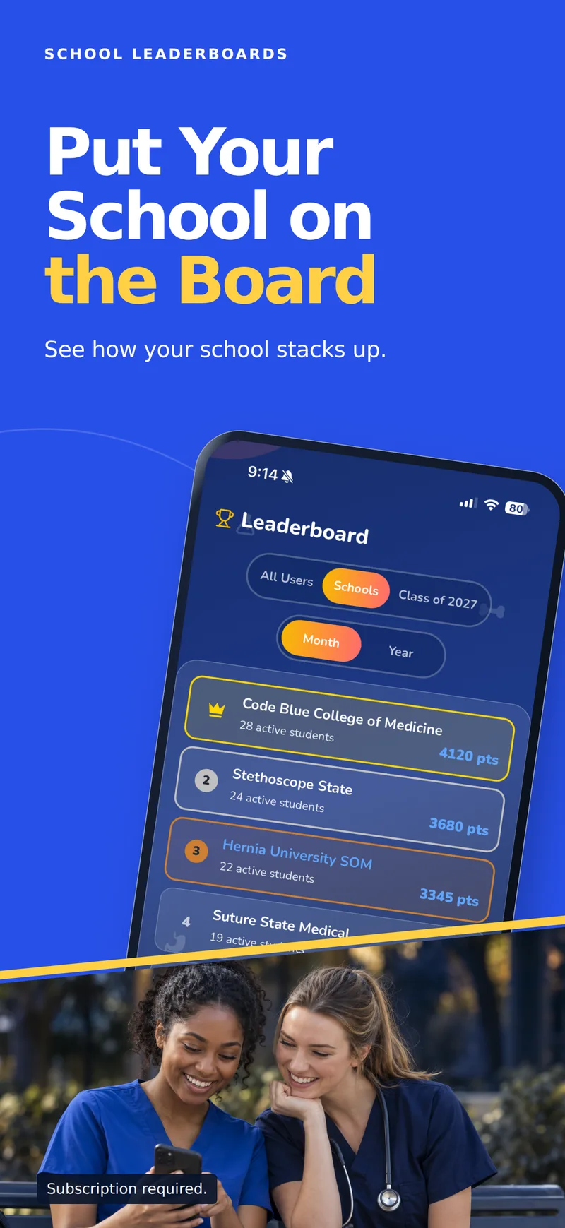 Put your school on the board. Scrub Battle: CK school leaderboard ranking medical schools by points and active students.